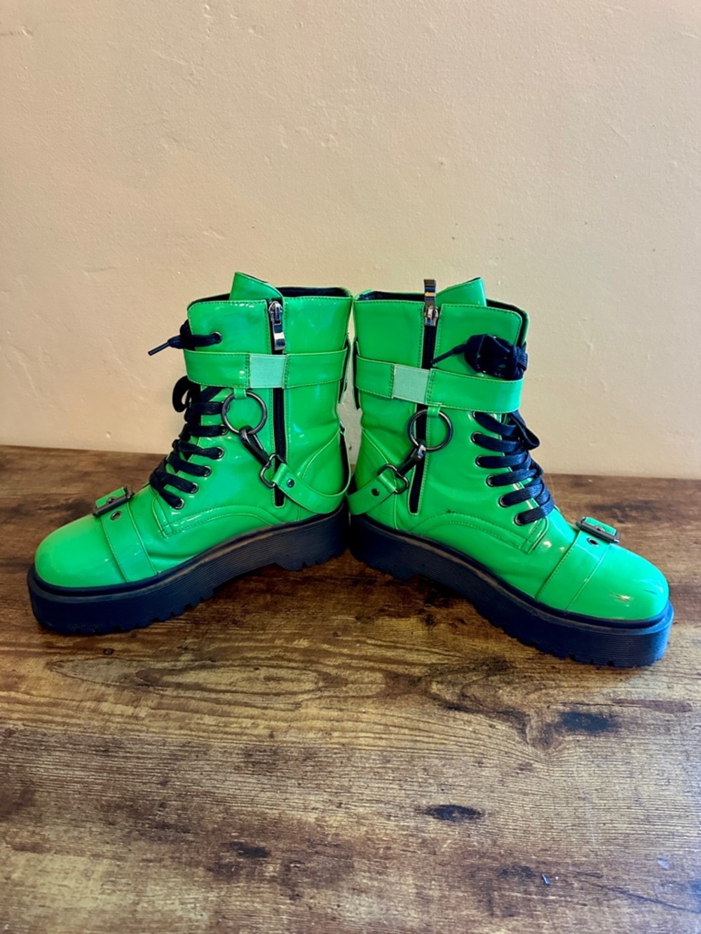 Neon Green DollsKill Combat Boots Current Mood rave punk Black edm edc festival